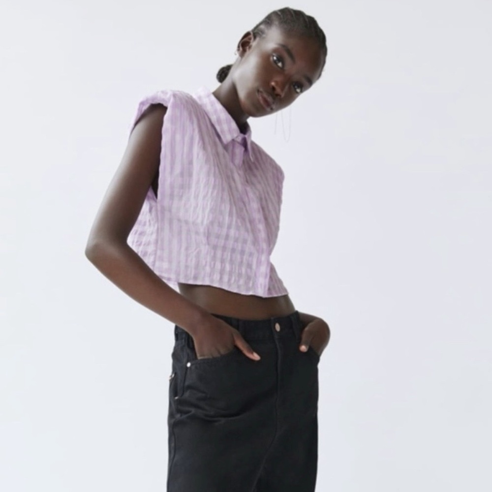 NWOT Zara Shoulder Pad Cropped Gingham Button Down Top